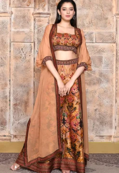 Digital Printed Art Silk Crop Top Set with Jacket in Rust