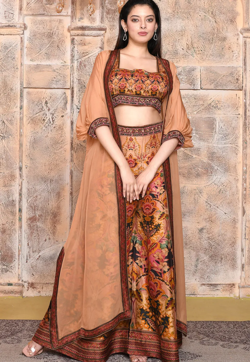 Digital Printed Art Silk Crop Top Set with Jacket in Rust
