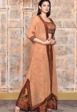 Digital Printed Art Silk Crop Top Set with Jacket in Rust