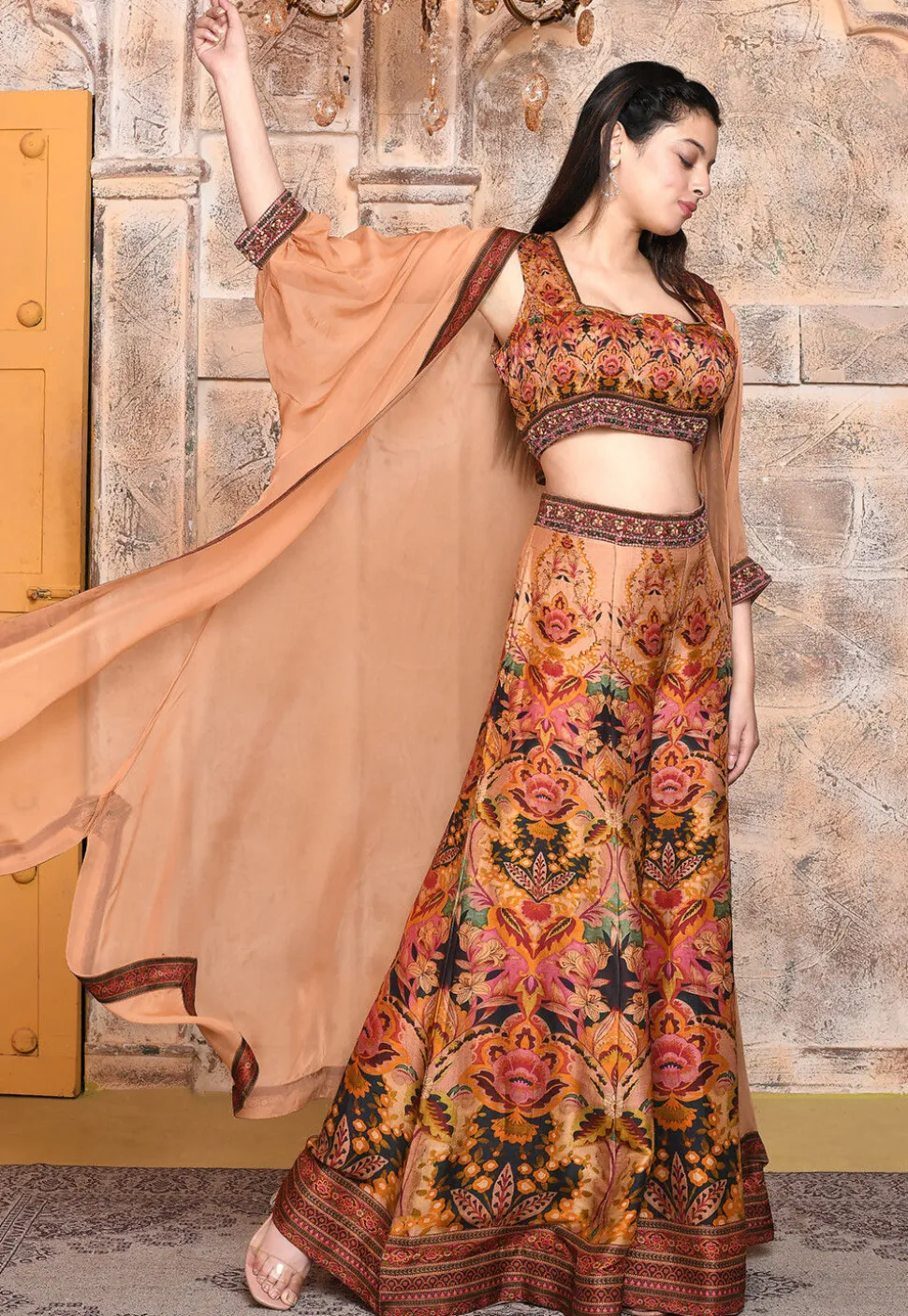 Digital Printed Art Silk Crop Top Set with Jacket in Rust