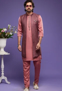 Digital Printed Art Silk Kurta Set in Peach and Maroon