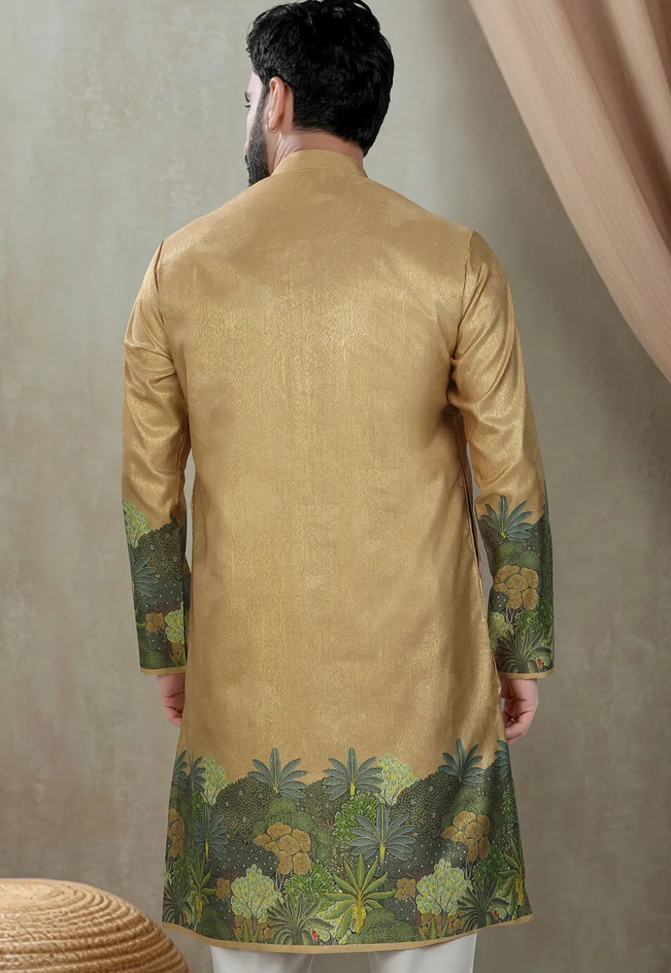 Digital Printed Art Silk Kurta in Beige
