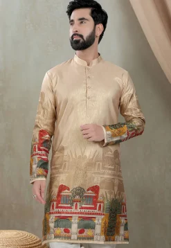 Digital Printed Art Silk Kurta in Beige
