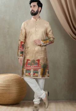 Digital Printed Art Silk Kurta in Beige