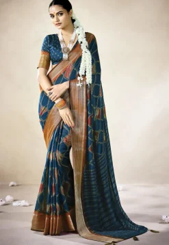 Digital Printed Art Silk Saree in Teal Blue