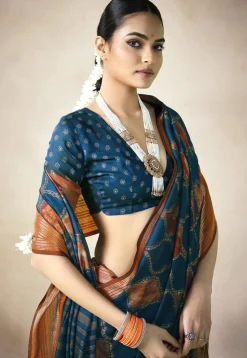 Digital Printed Art Silk Saree in Teal Blue