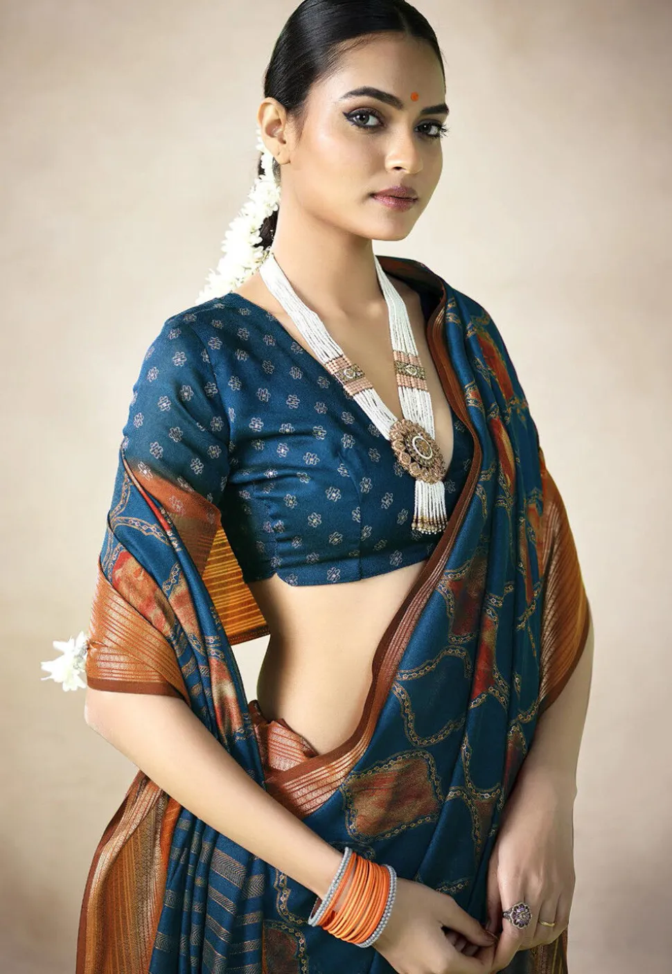 Digital Printed Art Silk Saree in Teal Blue