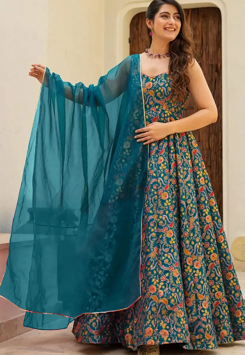 Digital Printed Art Silk Abaya Style Suit in Teal Blue