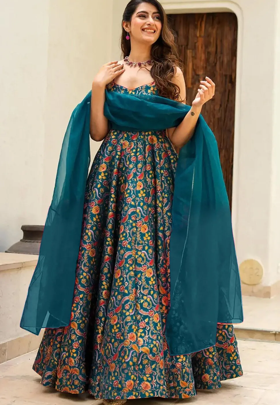 Digital Printed Art Silk Abaya Style Suit in Teal Blue