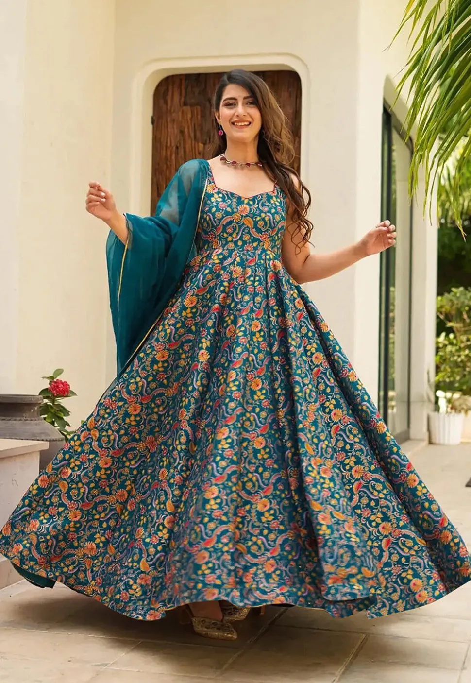 Digital Printed Art Silk Abaya Style Suit in Teal Blue