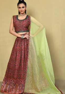 Digital Printed Art Silk Lehenga in Navy Blue and Red