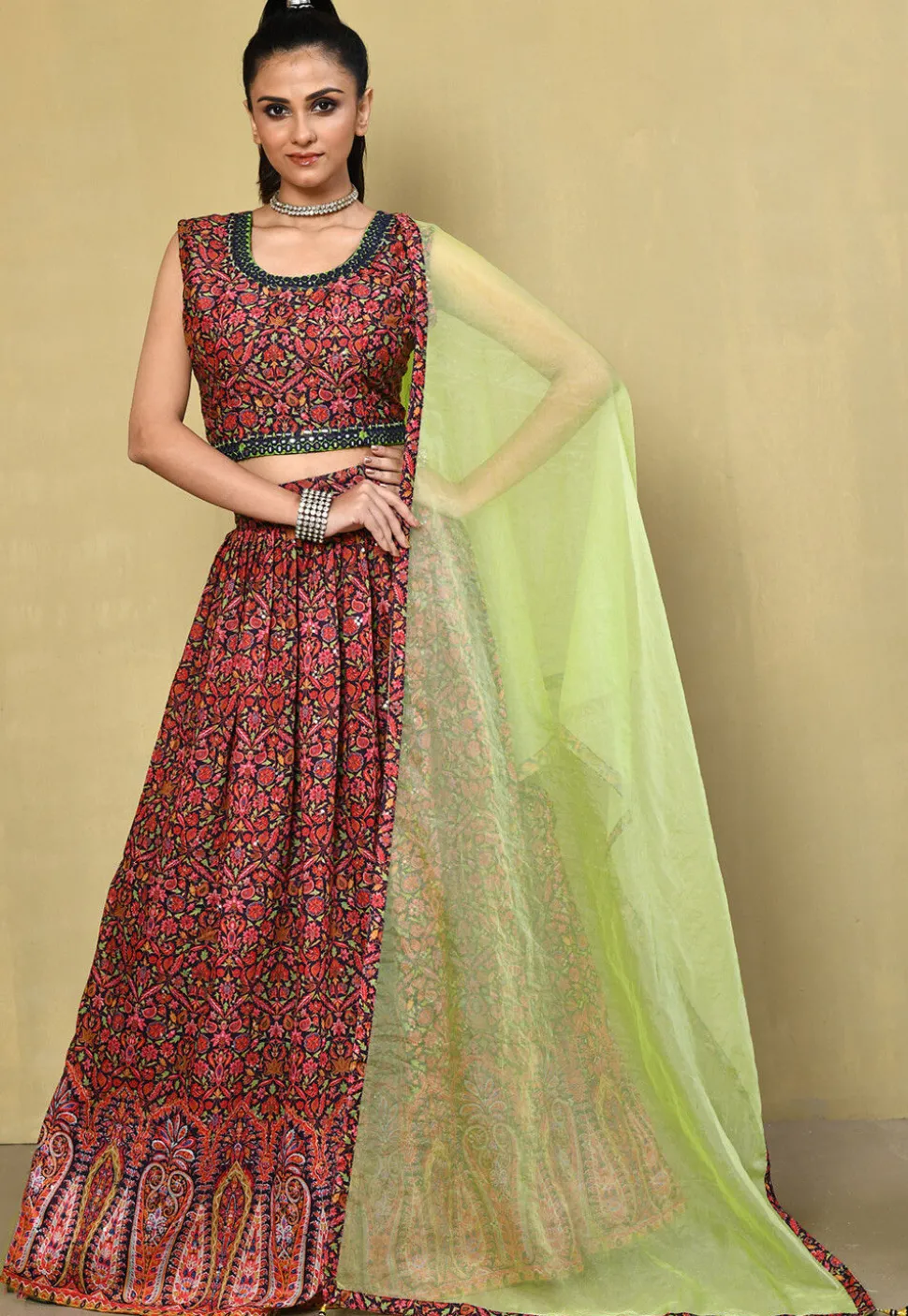 Digital Printed Art Silk Lehenga in Navy Blue and Red