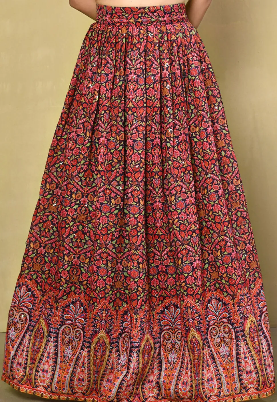 Digital Printed Art Silk Lehenga in Navy Blue and Red