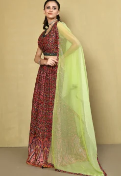 Digital Printed Art Silk Lehenga in Navy Blue and Red