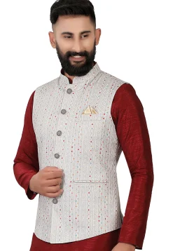 Digital Printed Art Silk Nehru Jacket in Grey