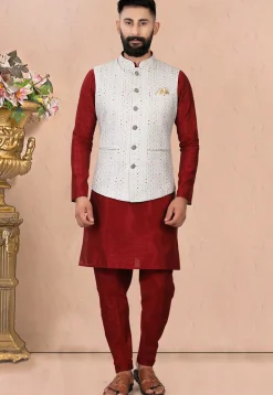Digital Printed Art Silk Nehru Jacket in Grey