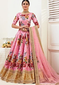 Digital Printed Art Silk Lehenga in Pink