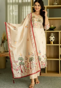 Digital Printed Art Silk Pakistani Suit in Beige