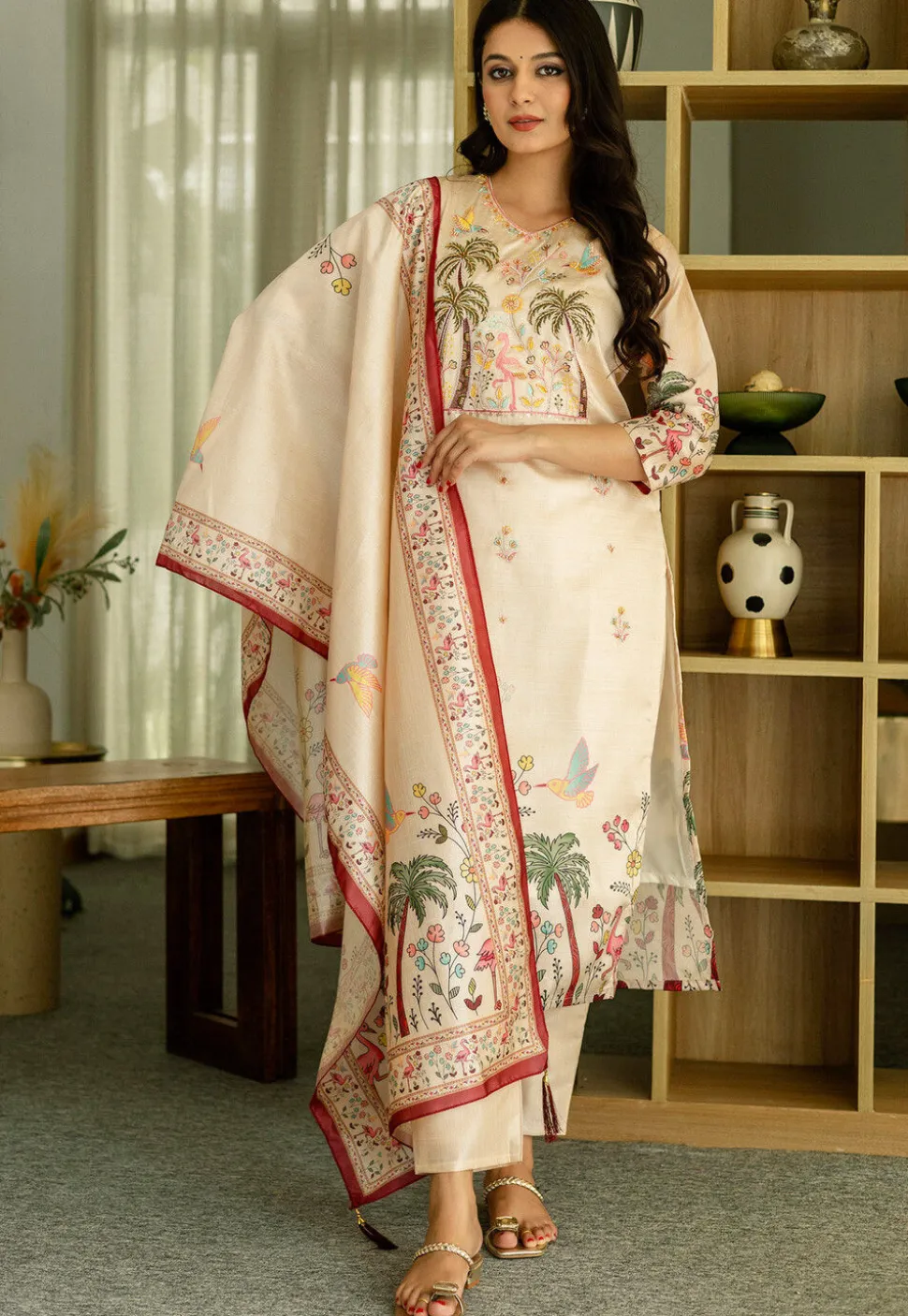 Digital Printed Art Silk Pakistani Suit in Beige