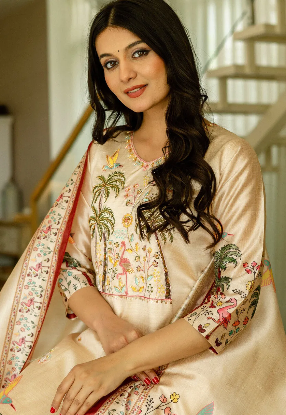 Digital Printed Art Silk Pakistani Suit in Beige