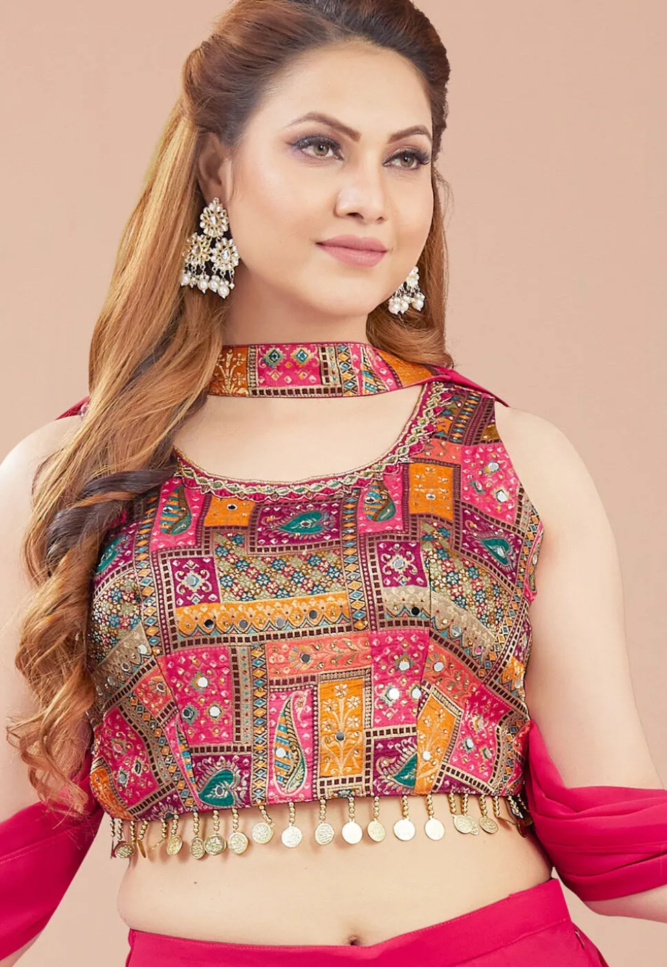 Digital Printed Art Silk Crop Top Set in Fuchsia