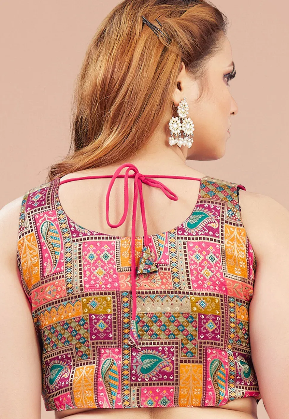 Digital Printed Art Silk Crop Top Set in Fuchsia