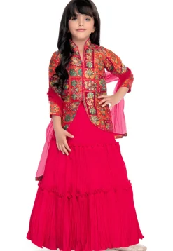 Digital Printed Art Silk Jacquard Lehenga in Fuchsia