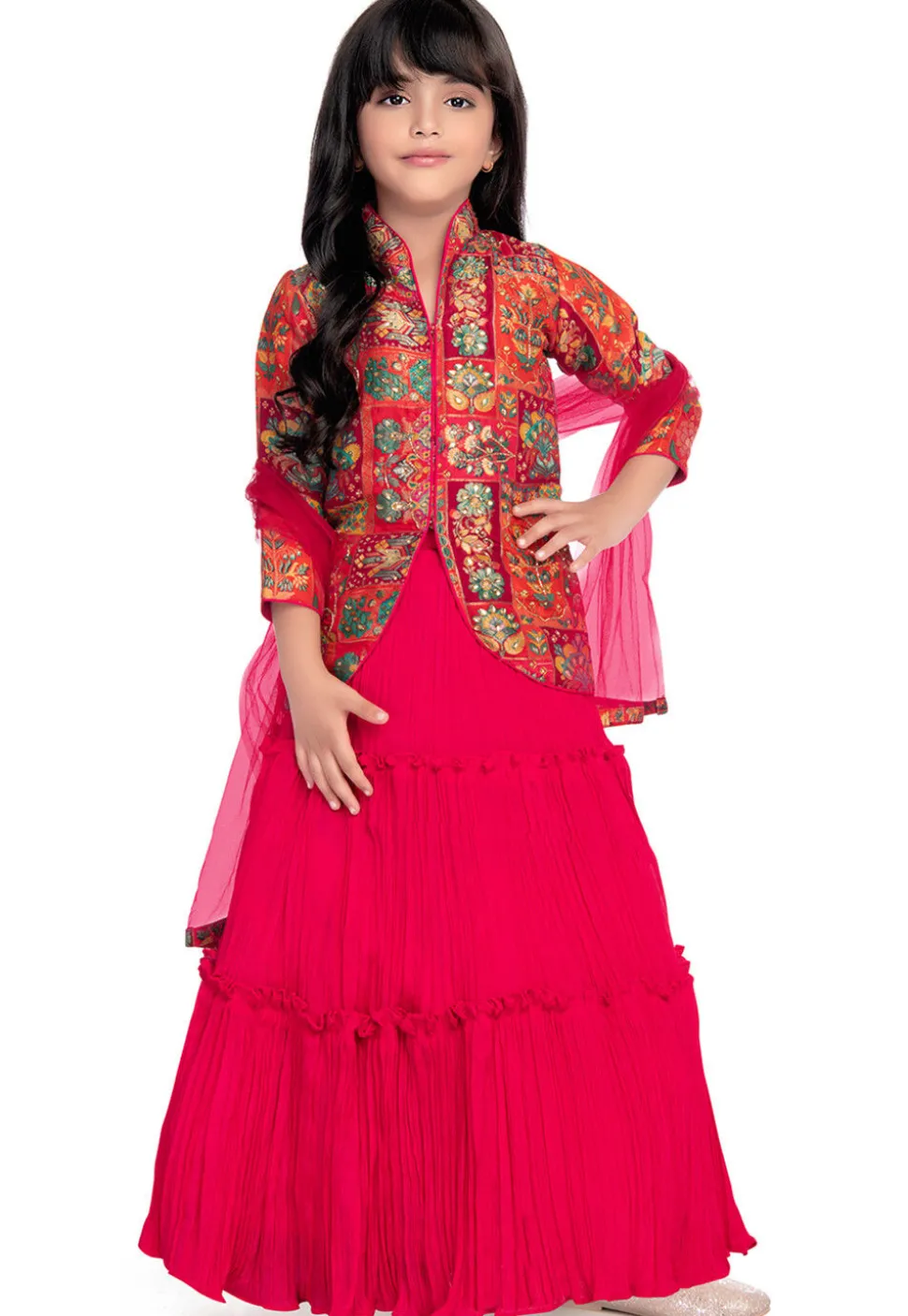 Digital Printed Art Silk Jacquard Lehenga in Fuchsia