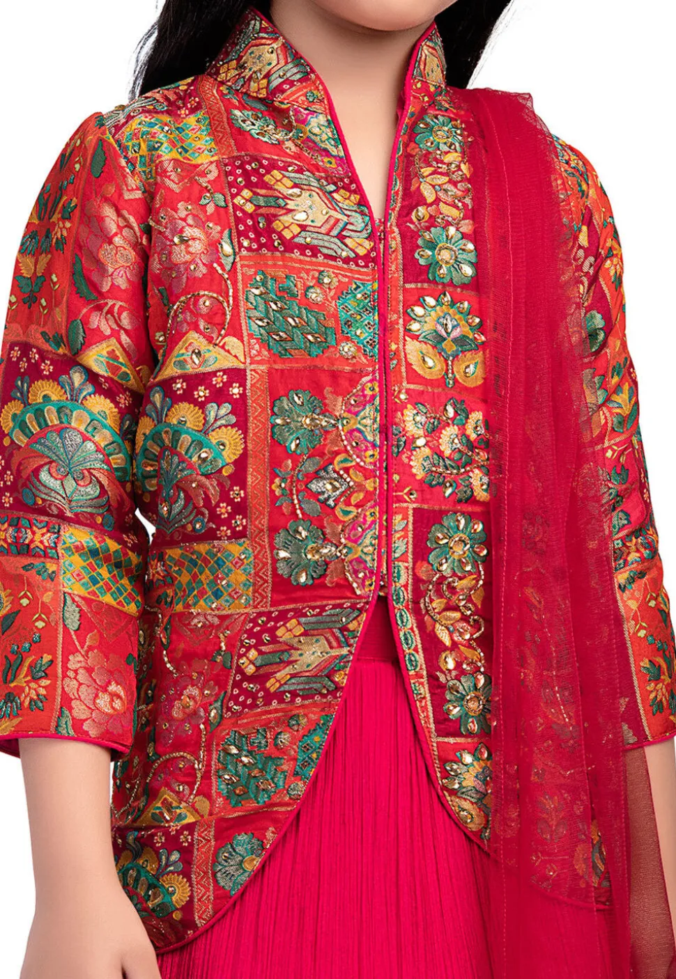 Digital Printed Art Silk Jacquard Lehenga in Fuchsia