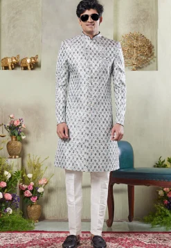 Digital Printed Art Silk Sherwani in Off White