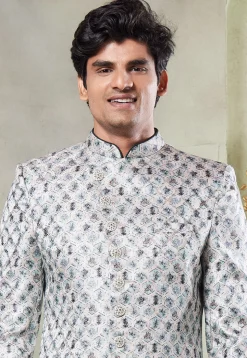 Digital Printed Art Silk Sherwani in Off White