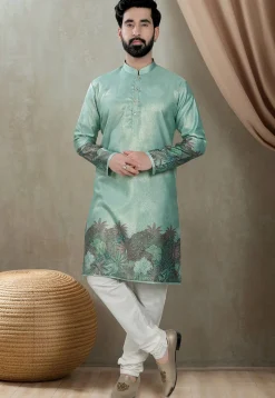 Digital Printed Art Silk Kurta Set in Teal Green