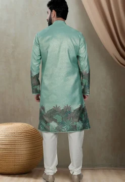Digital Printed Art Silk Kurta Set in Teal Green