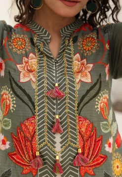 Digital Printed Art Silk A Line Kurta Set in Dark Grey
