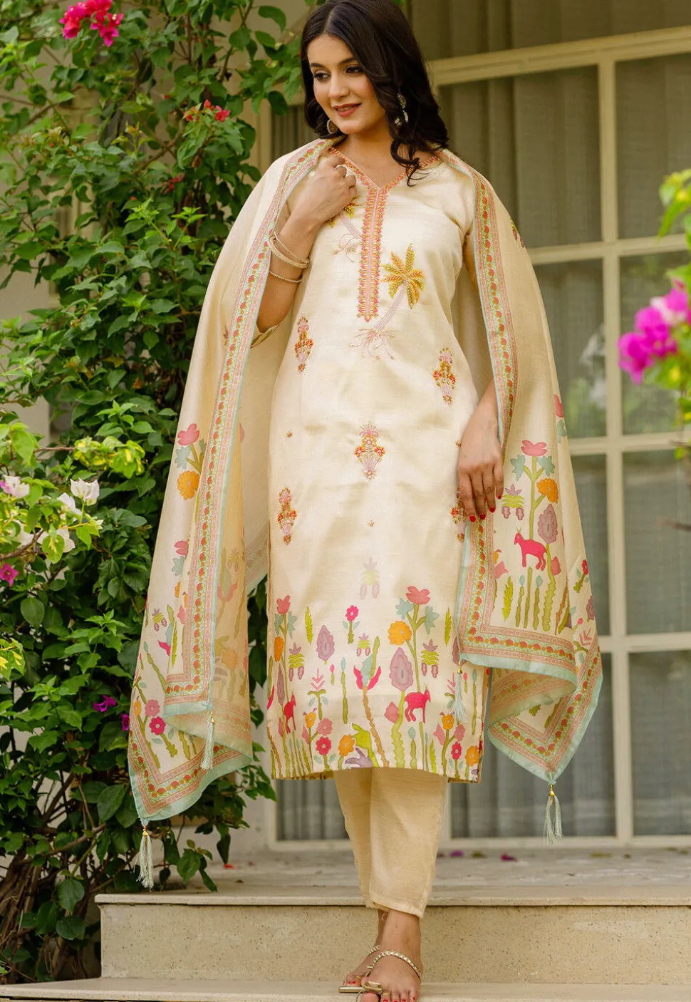 Digital Printed Art Silk Pakistani Suit in Beige