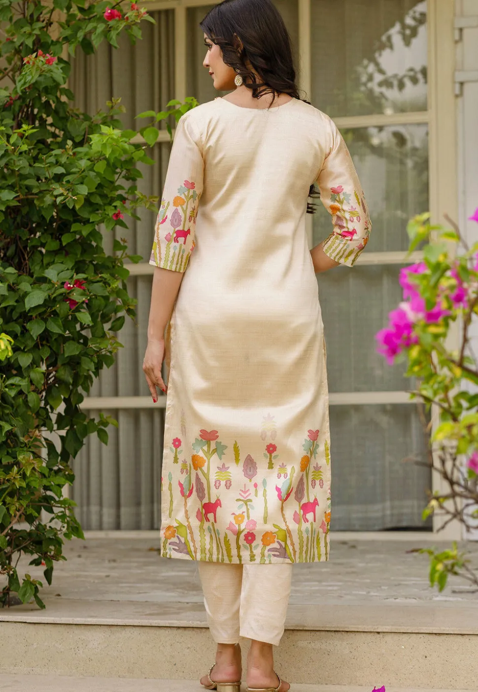 Digital Printed Art Silk Pakistani Suit in Beige