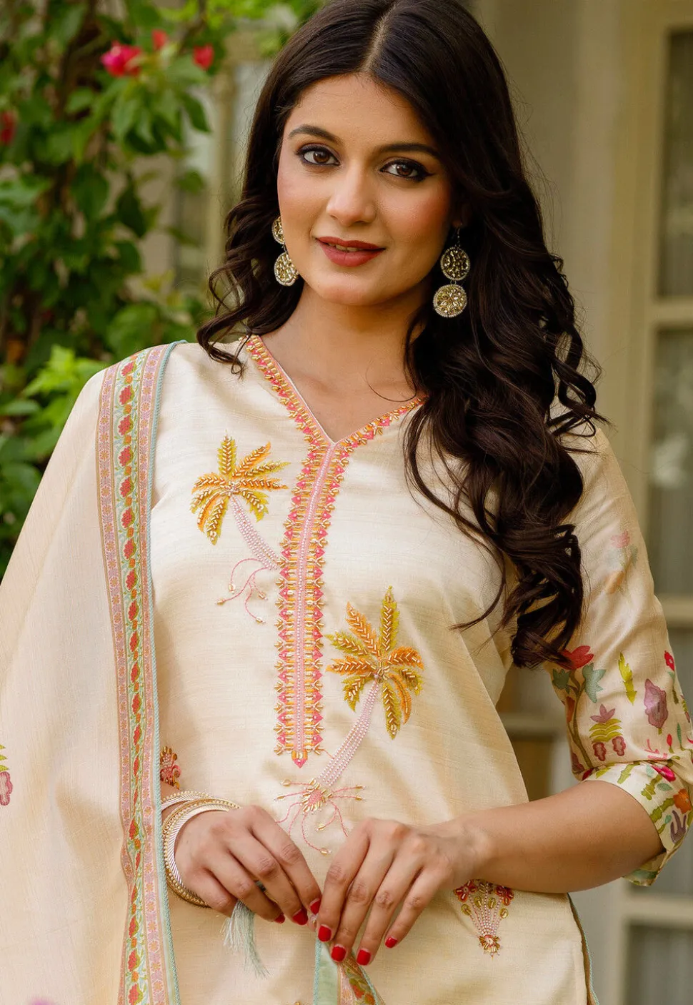 Digital Printed Art Silk Pakistani Suit in Beige