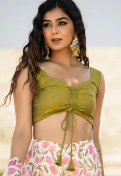 Digital Printed Art Silk Crop Top Jacket Set in Green and White