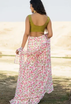Digital Printed Art Silk Crop Top Jacket Set in Green and White