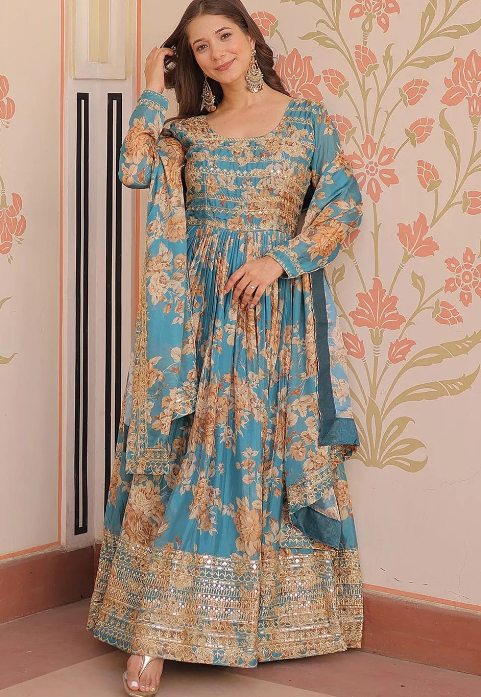 Digital Printed Art Silk Abaya Style Suit in Blue