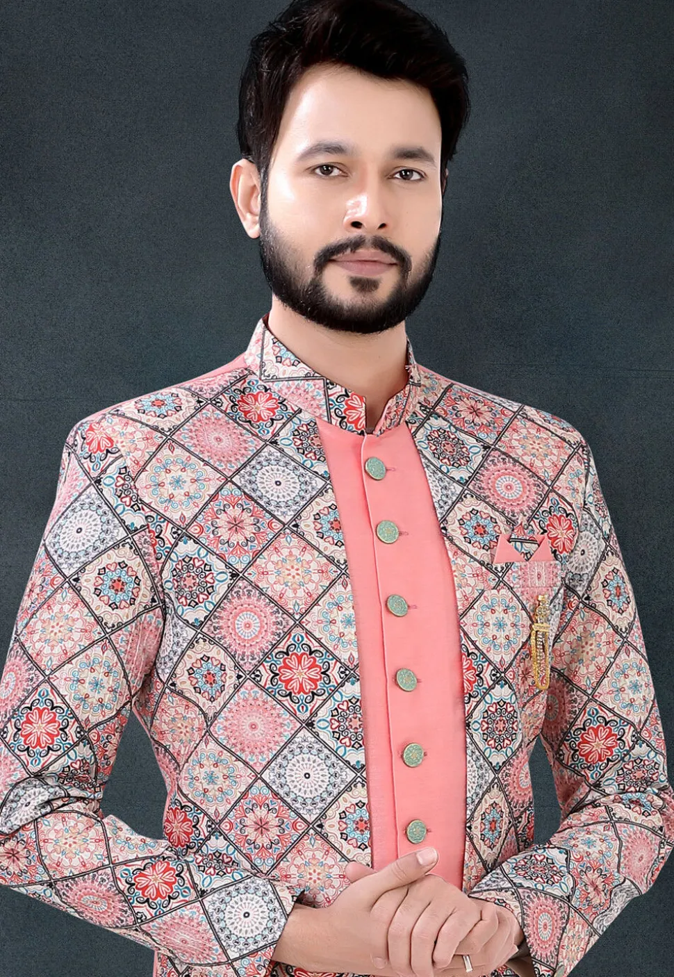 Digital Printed Art Silk Sherwani in Pink and Multicolor