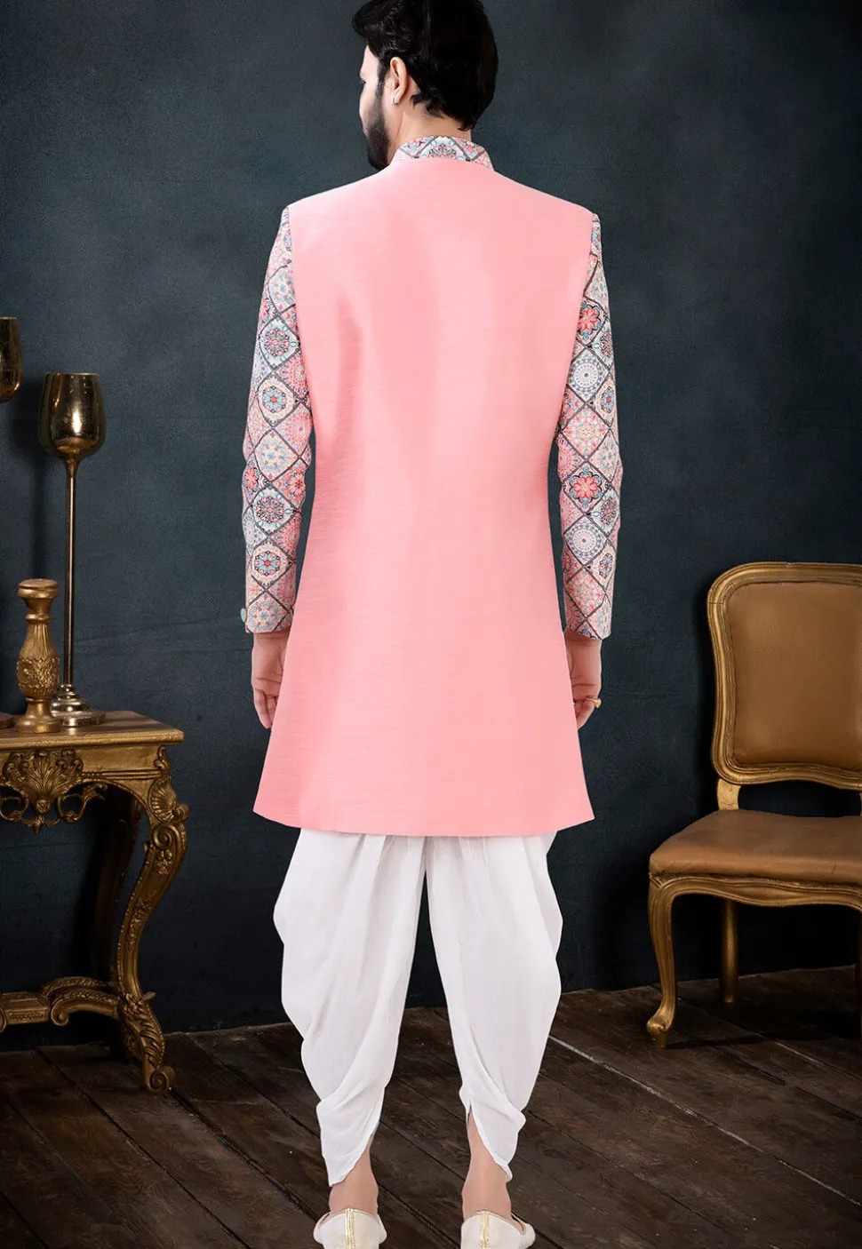 Digital Printed Art Silk Sherwani in Pink and Multicolor