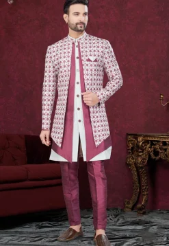 Digital Printed Art Silk Jacket Style Sherwani in Pink and Off White