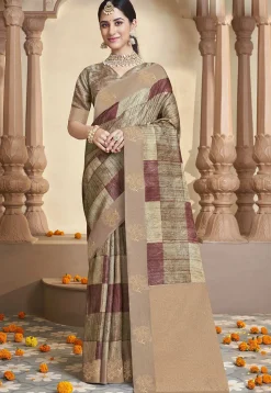 Digital Printed Art Silk Jacquard Saree in Beige