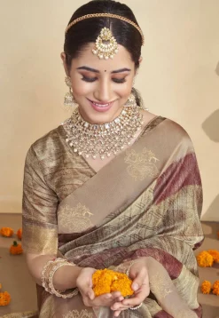 Digital Printed Art Silk Jacquard Saree in Beige