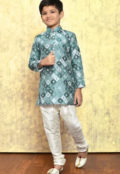 Digital Printed Art Silk Kurta Set in Grey