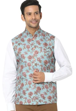 Digital Printed Art Silk Nehru Jacket in Sky Blue