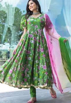 Digital Printed Art Silk Ananrkali Suit in Green