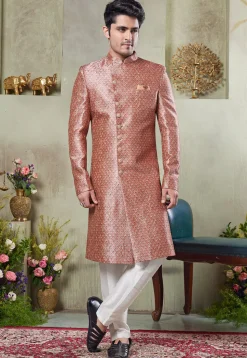 Digital Printed Art Silk Sherwani in Pink