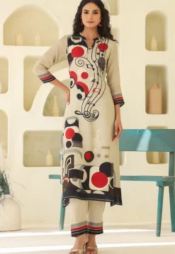 Digital Printed Art Silk Straight Kurta Set in Beige